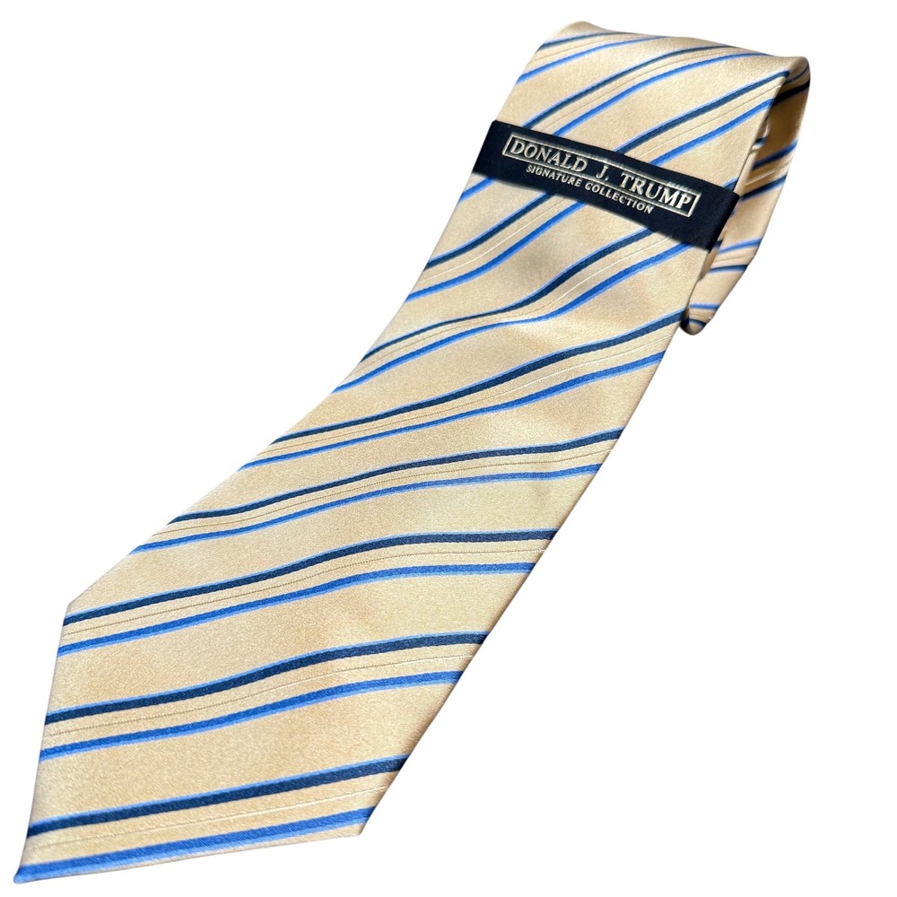 Donald J Trump Necktie Mens‎ Gold Blue Striped Signature Collection Silk Tie NWT